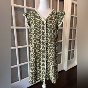 Voy Olive Green Patterned Women's Dress with Fringe Sleeves, Size L